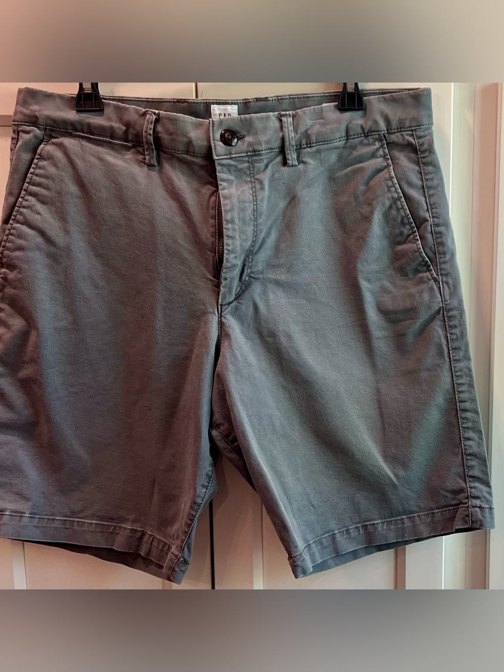 GAP Men's Gray Flat-Front Shorts.  Size 34 with pockets, zip closure.
